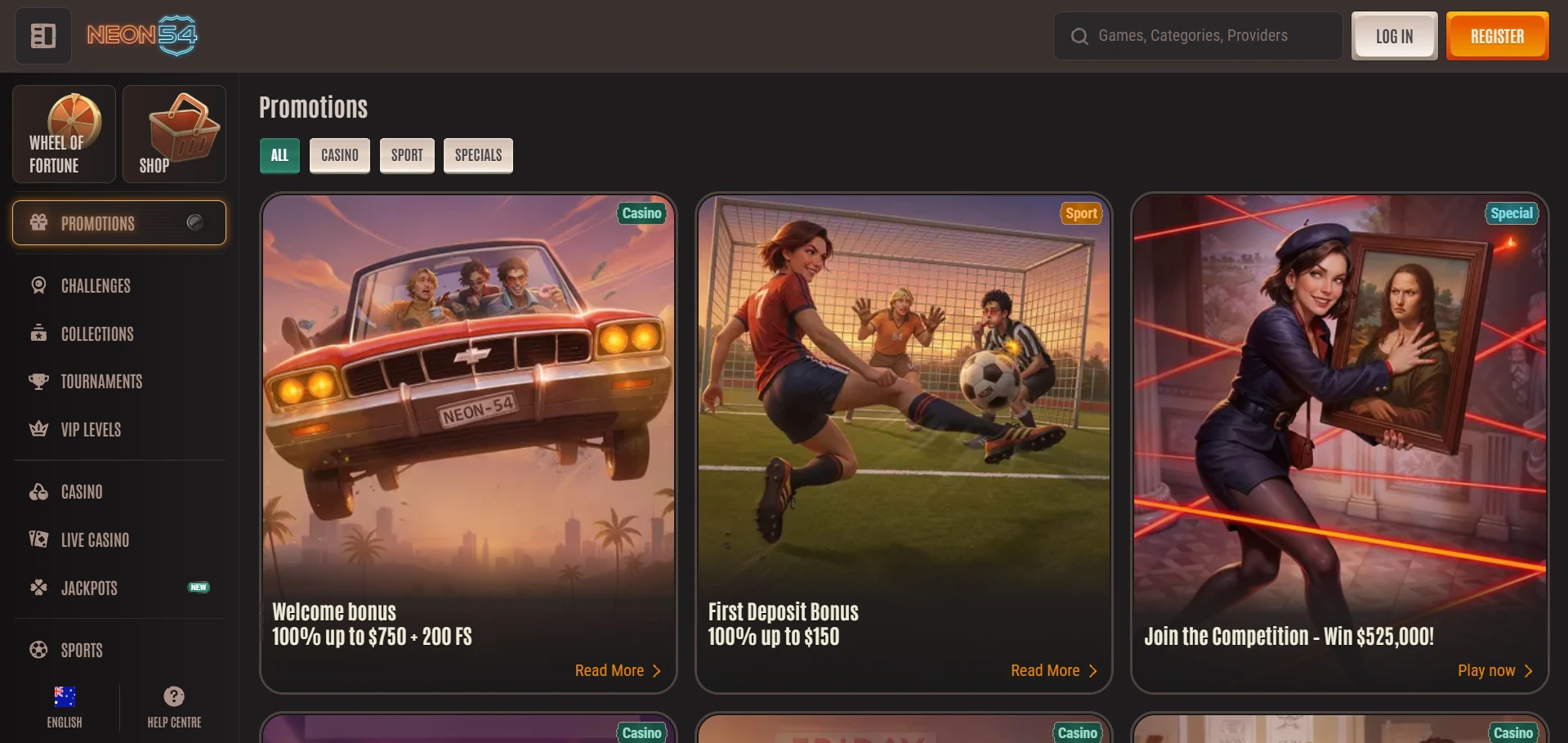 Neon54 casino bonus section screenshot