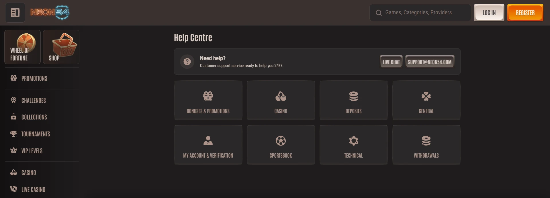 Neon54 casino support contact options