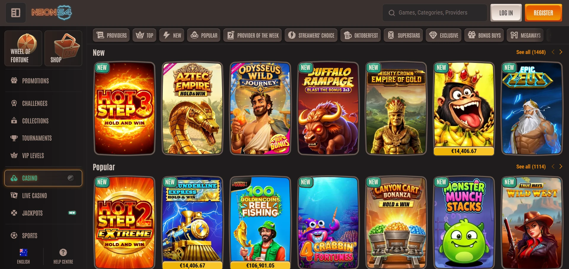 Neon54 casino games lobby with game icons